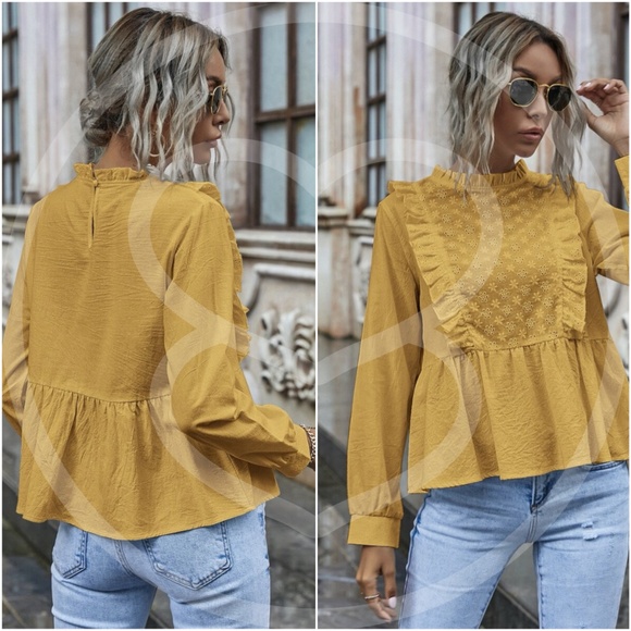 boho Eyelet Embroidered Babydoll top - MUSTARD - Picture 2 of 13